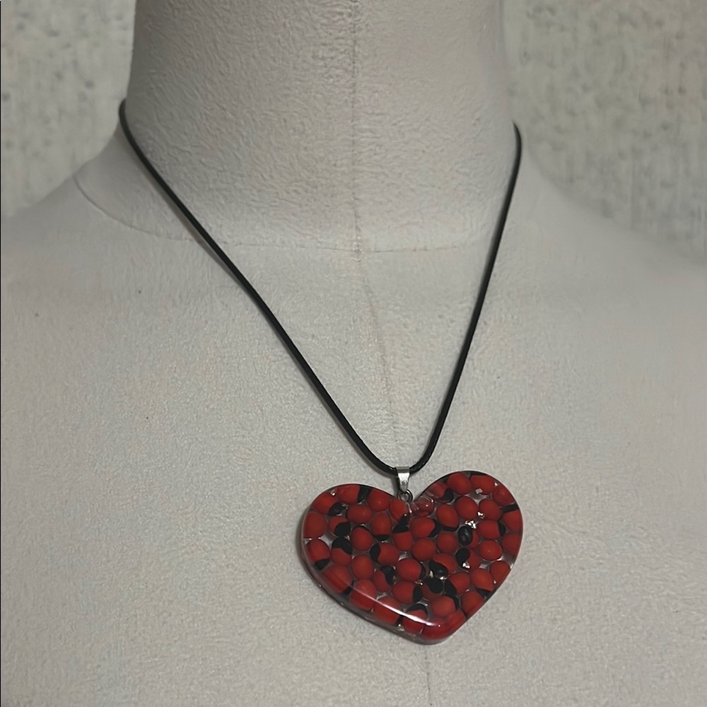 Red Heart Pendant Necklace with Black Cord